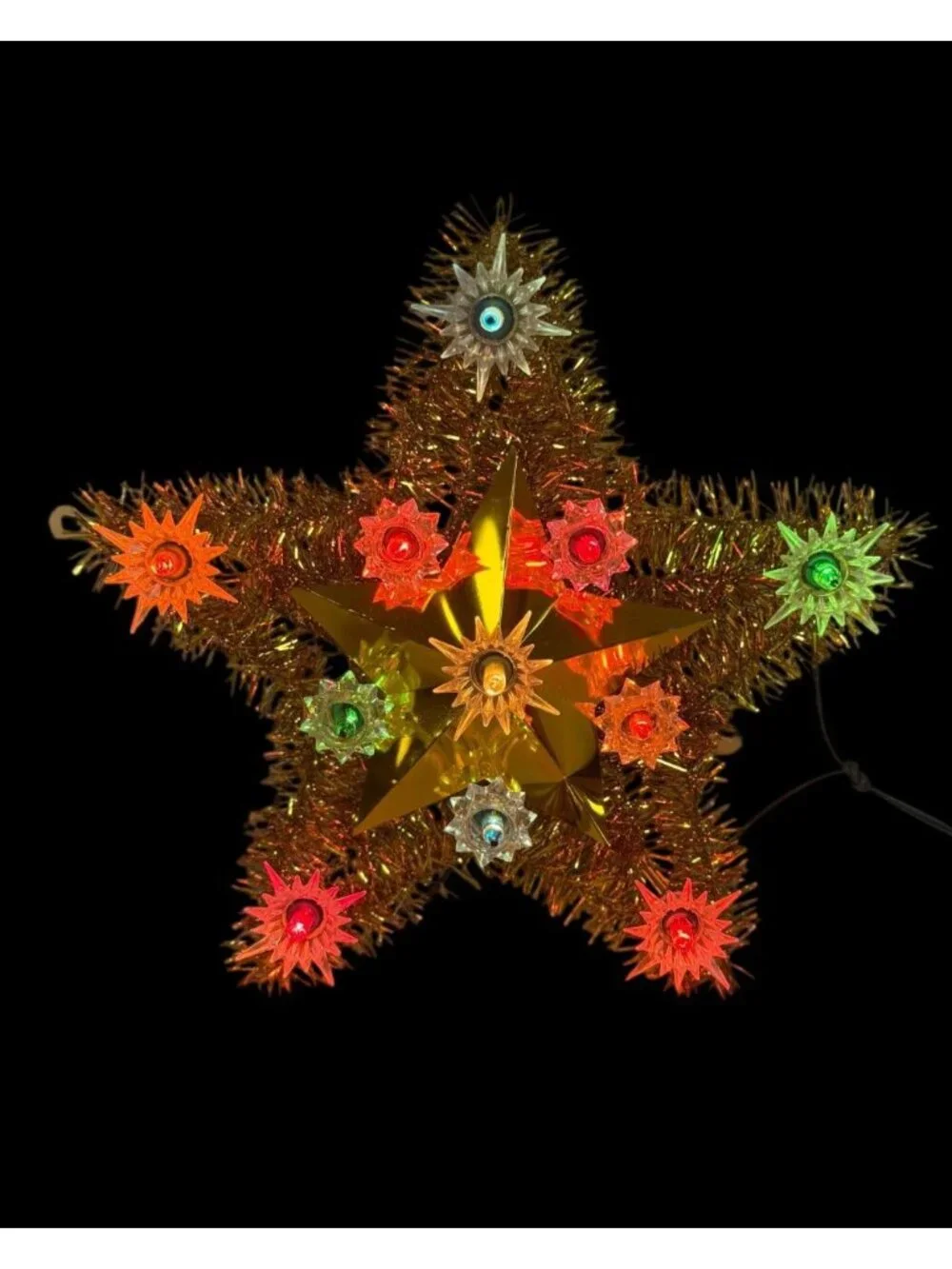 Vintage Revco Gold Star Christmas Tree Topper Multicolor Lights Tinsel Blinking